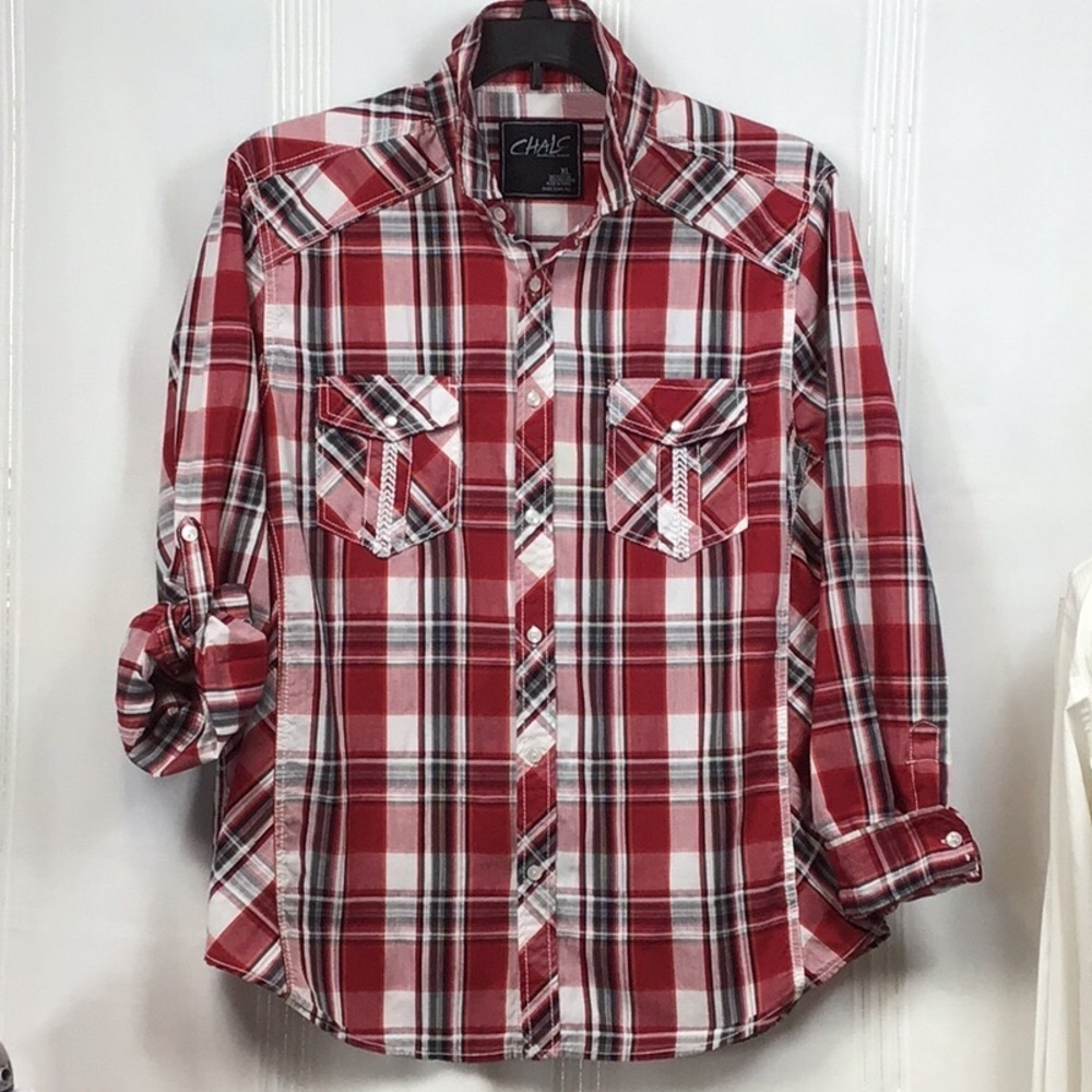 🐎 CHALC Red Black White Plaid Pearl Snap Pockets Roll Tab Long Sleeve Western